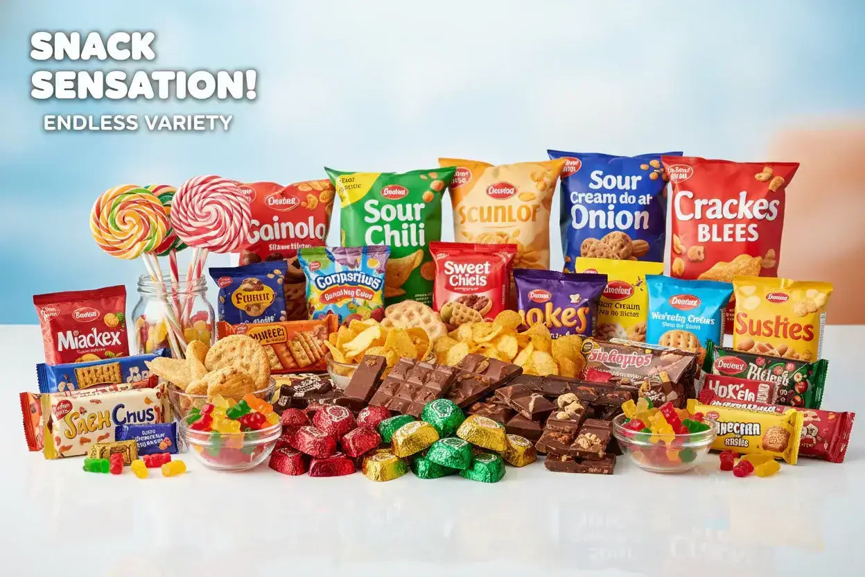Variety of popular snacks including chips, candies, and chocolates for the Snack Sensation collection.