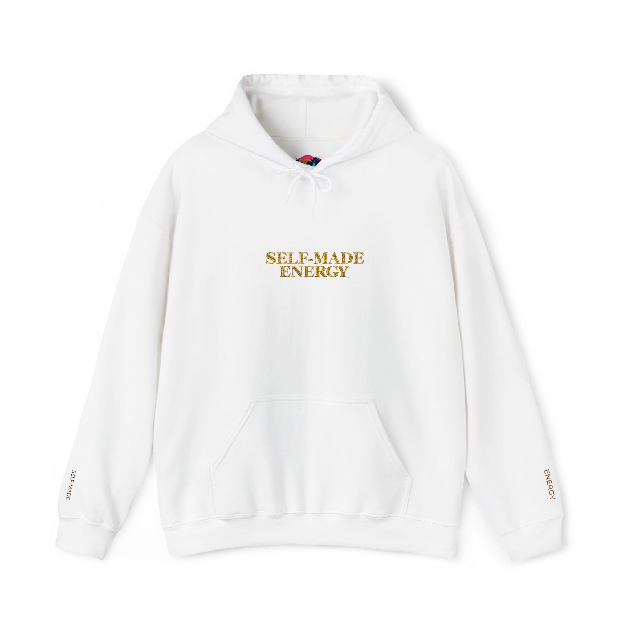 Self-Made Energy Hoodie — White Minimal Gold Script Sweatshirt
