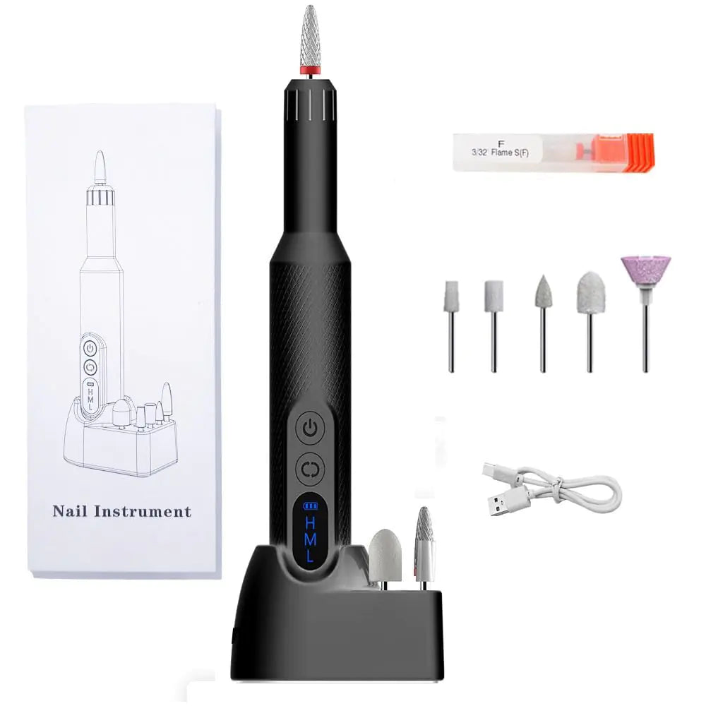 Nail instrument set with black device, attachments, and packaging on a white background