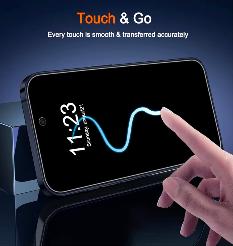 Smartphone with a digital clock display on a reflective surface, with a hand touching the screen.