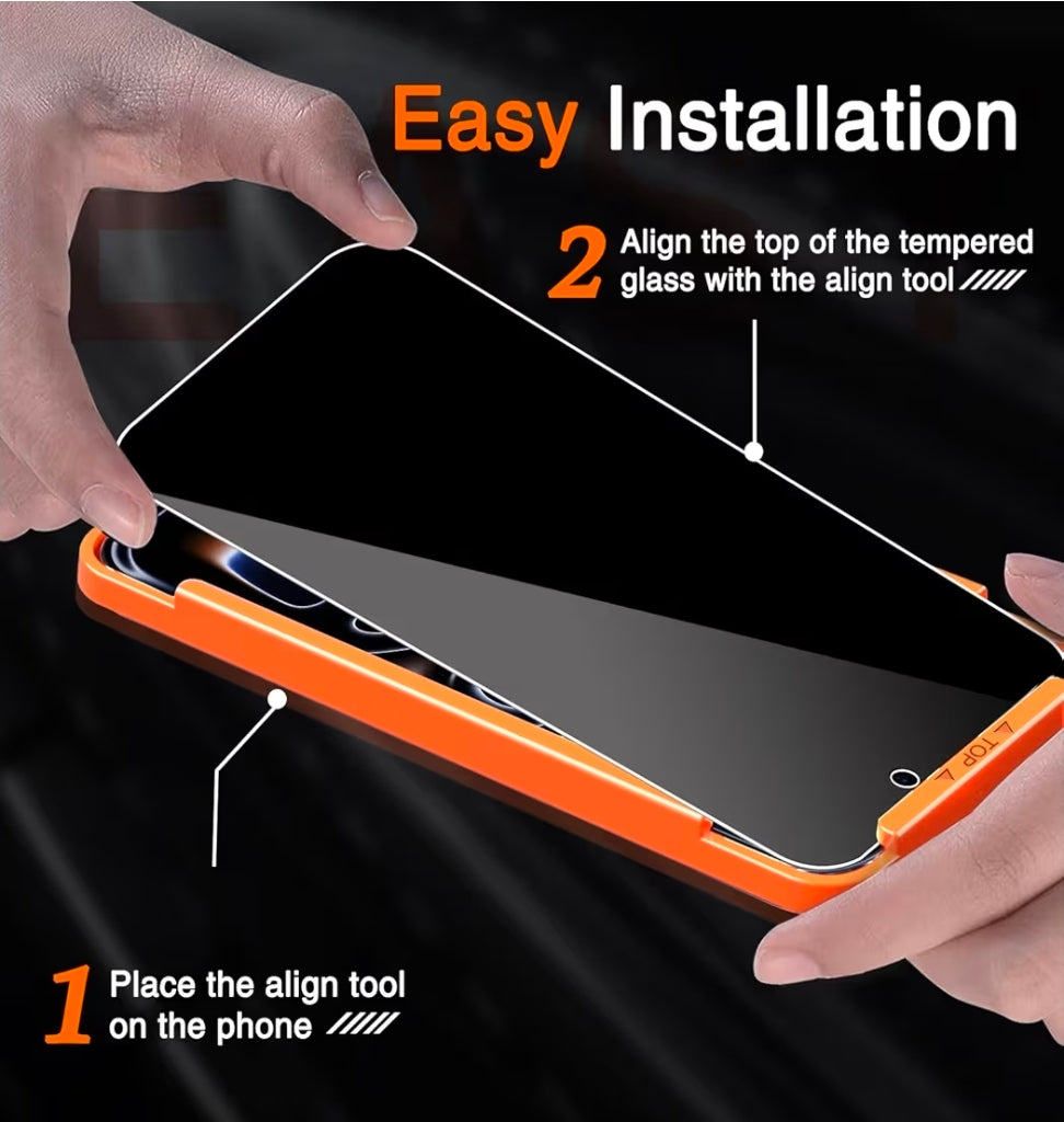 Step-by-step guide on installing a tempered glass screen protector on a phone with text overlay.