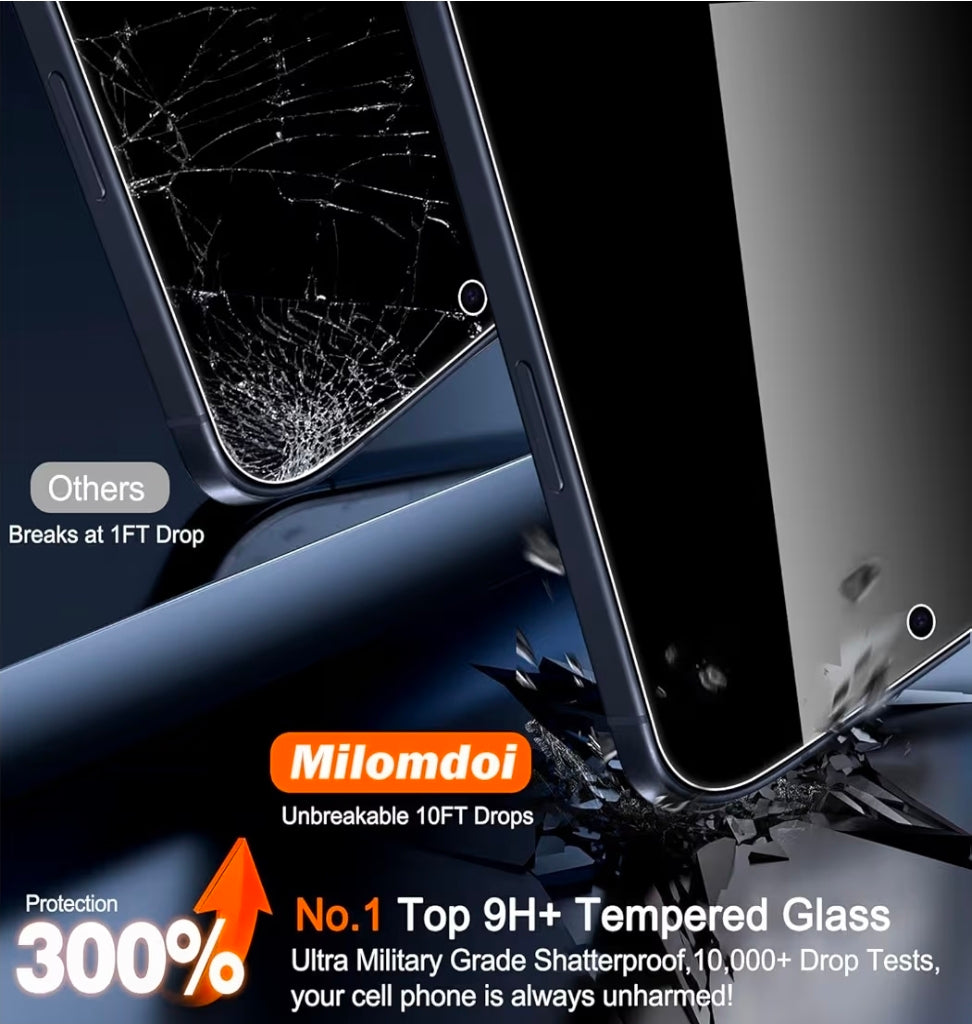 Phone with a cracked screen next to one with a Milomdoi tempered glass protector, highlighting the product's durability.