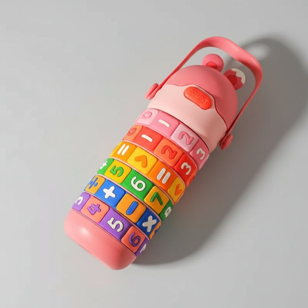 Colorful water bottle with number and letter patterns on a pink background